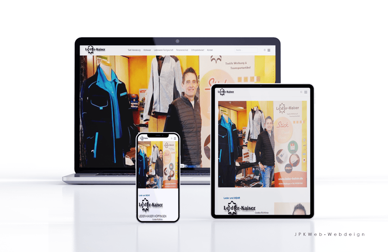 Responsives Webdesign für Leder-Kaiser – moderne Website für Lederwaren, Textilveredelung und Bestickung. Optimiert für Desktop, Tablet und Smartphone, erstellt von JPKWeb-Webdesign für eine schnelle, benutzerfreundliche und SEO-optimierte Darstellung.