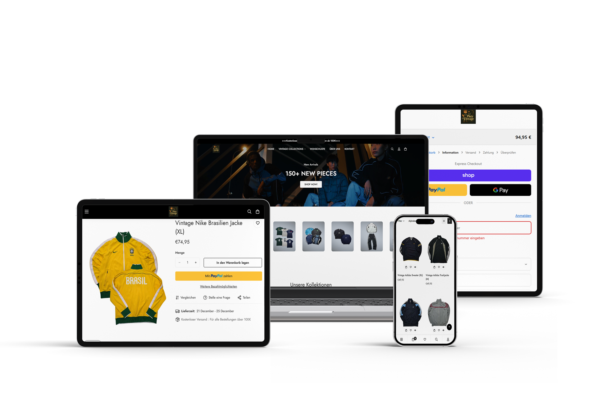 Responsiver Online-Shop für Vintage-Streetwear mit Produktansicht, Kategorieseiten und Checkout auf Desktop, Tablet und Smartphone